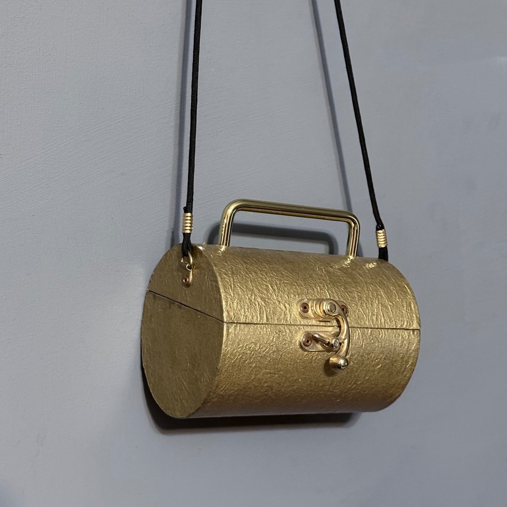 Unique Signed Hardsided Gold Crossbody Bag Metal Clasp Mirror Mini Small Retro